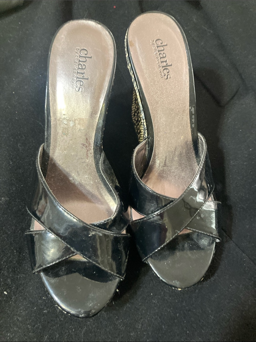 Charles by Charles David Black Patent Crossover Slide Mules